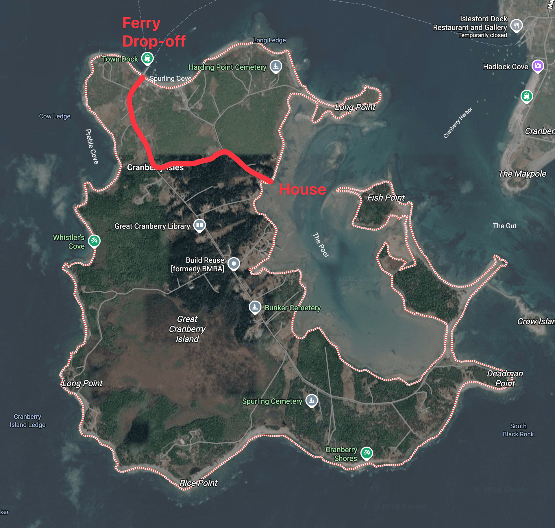 Map of Great Cranberry Island showing the walk from the ferry to 2 Heliker Road